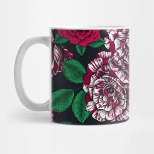 Red, white and bi-color roses with green leaves on black Mug